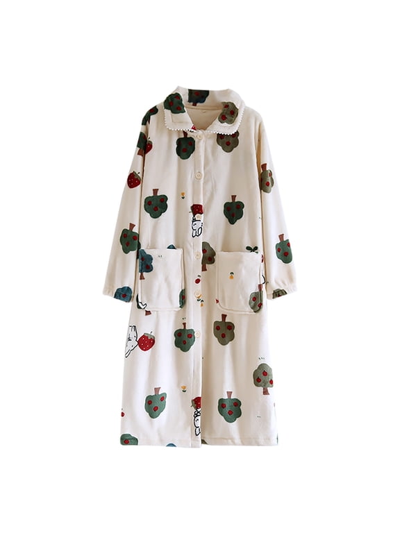 Womens Robes Button Down Plush Fleece Bathrobe Warm Winter Sleepwear Fluffy Housecoat with Pockets Green L