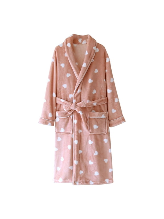 Womens Robes Plush Fleece Bathrobe Heart Print Warm Winter Sleepwear Fluffy Loungewear with Pockets Pink L
