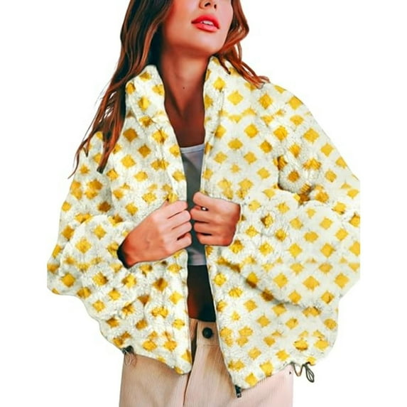 iHPH7 Womens Sherpa Jacket Winter Outfits for Women Plaid Jacket Women Cropped Jackets for Women's Outerwear Cute Jackets for Women Casual Outerwear Yellow L