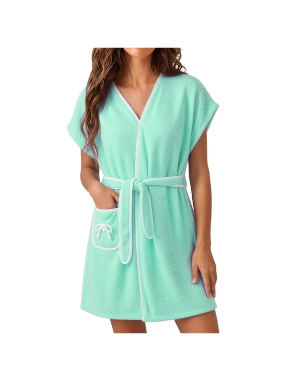 Womens Short Sleeve Robe Plush Fleece Bathrobe Soft Sleepwear Contrast Trim Loungewear with Pockets Green One Size