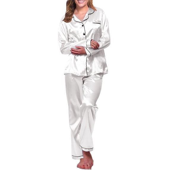 iHPH7 Womens Silk Satin Pajamas Set Long Sleeve Button Down Sleepwear 2 Piece Lounge Set Pj Set White M