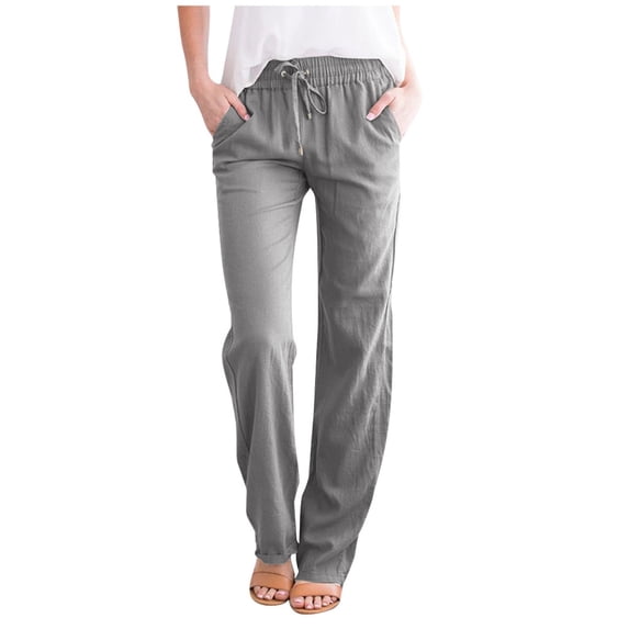 iHPH7 Womens Straight Leg Pants Casual Elastic Waist Drawstring Lounge Trousers Lightweight Relaxed Fit Summer Beach Vacation Everyday Wear Gray M