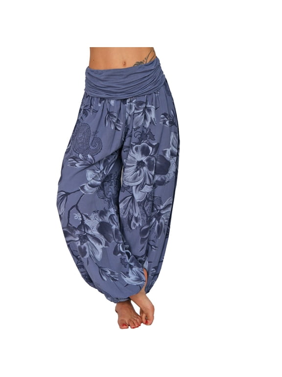 Womens Summer Beach Pants Casual Boho Floral Fold Over Pants Flowy Harem Yoga Lounge Trousers Relaxed Fit Wear Dark Blue 3XL