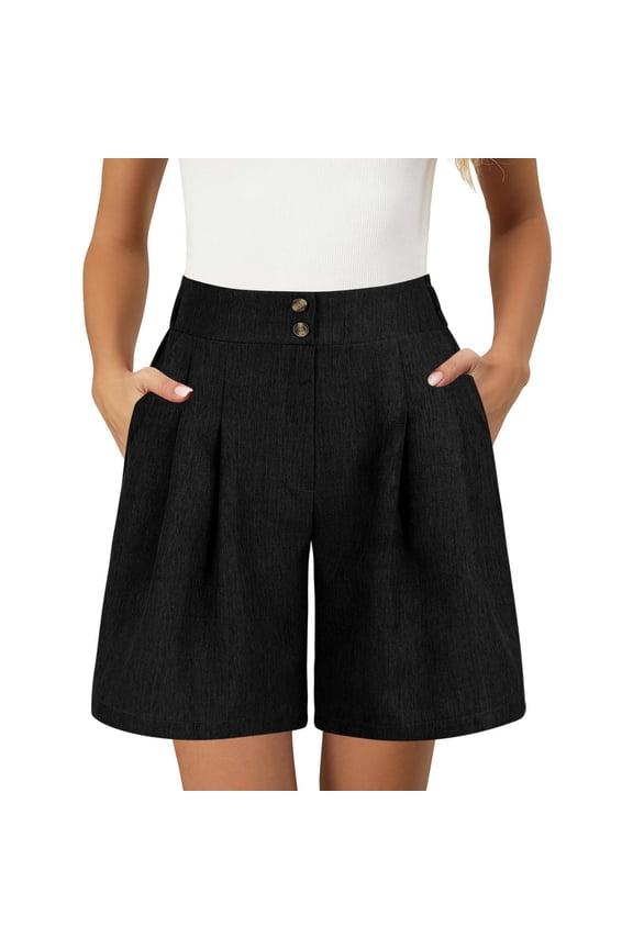 Womens Wide Leg Linen Shorts Summer Casual Loose Pleated Elastic High Waisted Bermuda Shorts Black M