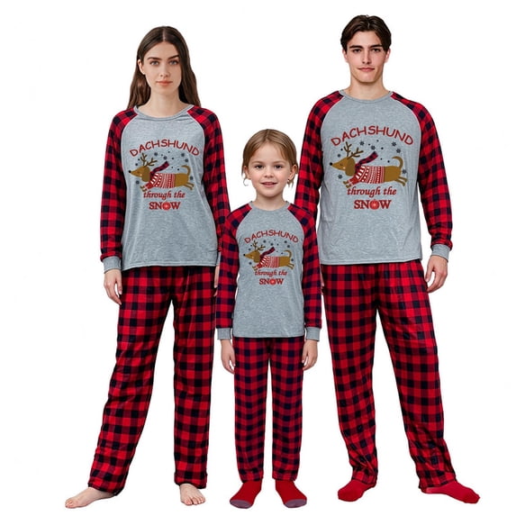 iHapHap Matching Family Christmas Pajamas, Dachshund Through Snow Long Sleeve Plaid Pants