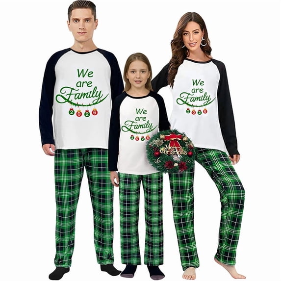 iHapHap Matching Family Christmas Pajamas, We Are Family 2026 Long Sleeve Green Plaid Pants