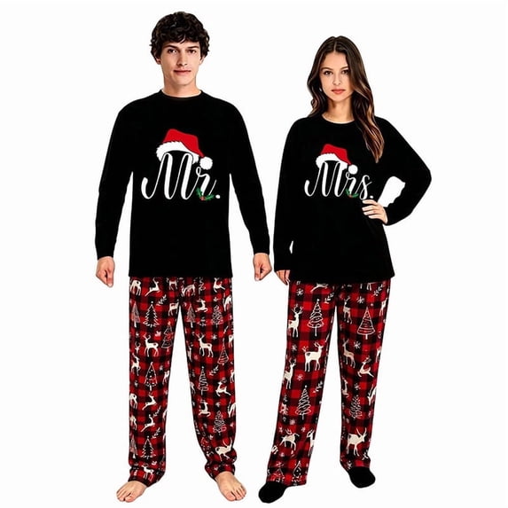 iHapHap Mr Mrs Christmas Couple Pajamas, Cotton Blend Holiday Sleep Set, Womens S
