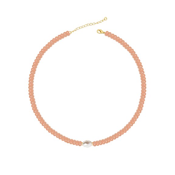 iHapHap Pearl Choker Necklace, Peach Sunstone Beaded Jewelry with Gold-Tone Adjustable Chain