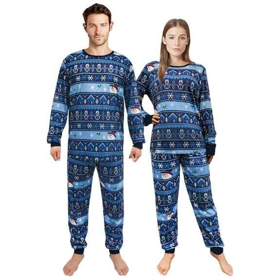 iHapHap Prints Blue Snowman Seamless Geometric Pattern Christmas Matching Pajamas Set(XL,Men)