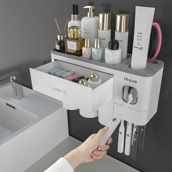 iHave Toothbrush Holder Bathroom Organiser, 3 Cups Toothbrush Holder Wall Mounted with Toothpaste Dispenser, Large Capacity Tray, Cosmetic Drawer