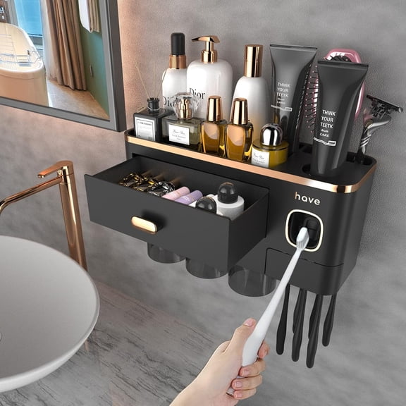 iHave Toothbrush Holder Wall Mounted Bathroom Organiser, Toothbrush Holders for Bathroom with Automatic Toothpaste Dispenser 3 Cups, Large Capacity Tray Bathroom Accessories, Black Gold