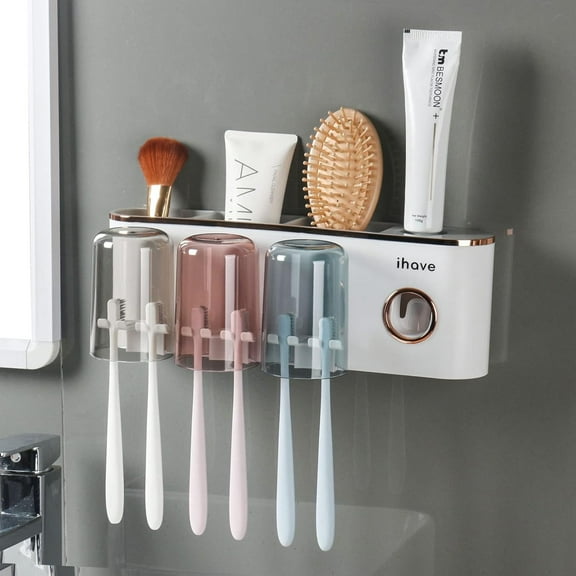 iHave Toothbrush Holders Bathroom Decor with Toothpaste Dispenser, 3 Cups Toothbrush Holder Wall Mounted Bathroom Accessories