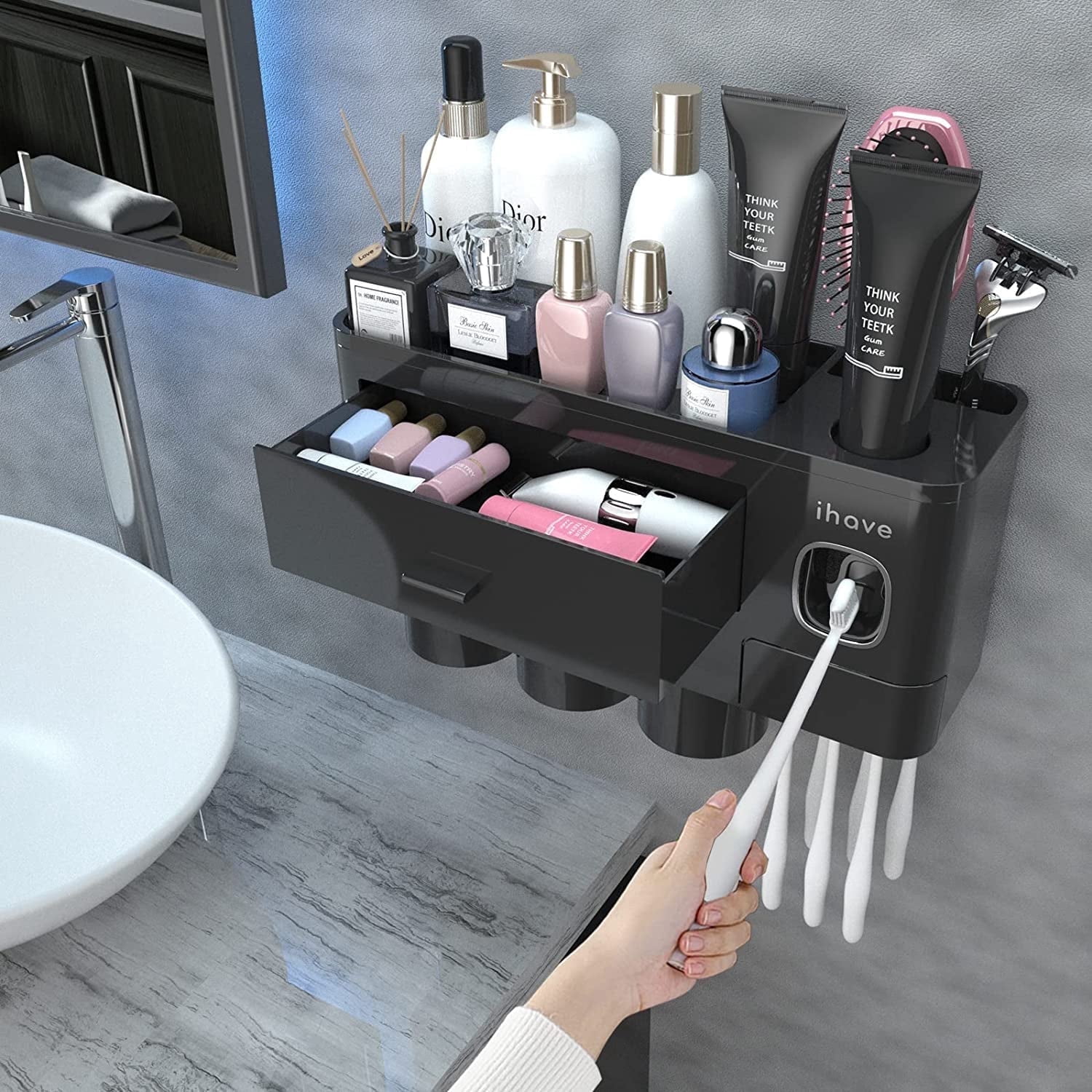 iHave Toothbrush Holders for Bathroom Storage, 3 Cups Toothbrush Holder Wall Mounted with Automatic Toothpaste Dispenser, Large Capacity Tooth Brush Holder Bathroom Accessories Set