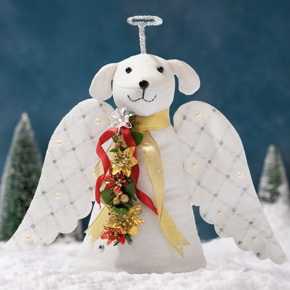 White Angel Dog Christmas Tree Topper with LED Lights