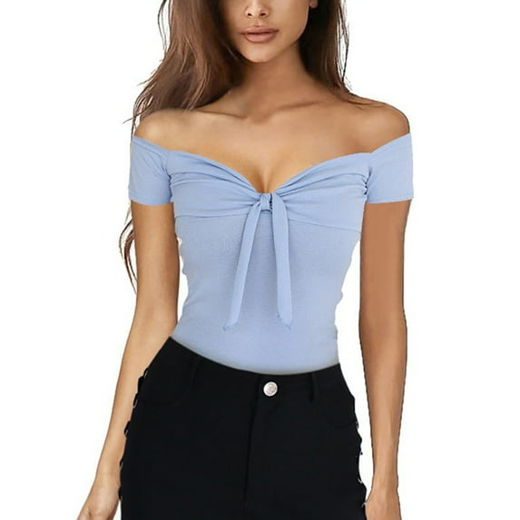 iHengLiXing Boat Neck Off Shoulder Tops for Women Fashion Women Sexy Casual Color Bow Off Shoulder Blouse Crop Tops Shirt Blue M