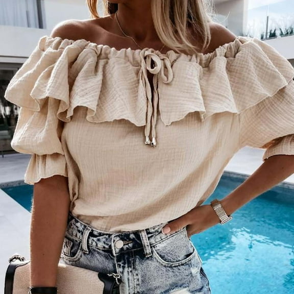 iHengLiXing Boat Neck Off Shoulder Tops for Women Women Fashion Ruffled Loose Color Short Sleeved Off Shoulder Casual Tops Beige L