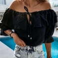 thumbnail image 1 of iHengLiXing Boat Neck Off Shoulder Tops for Women Women Fashion Ruffled Loose Color Short Sleeved Off Shoulder Casual Tops Black XL, 1 of 7