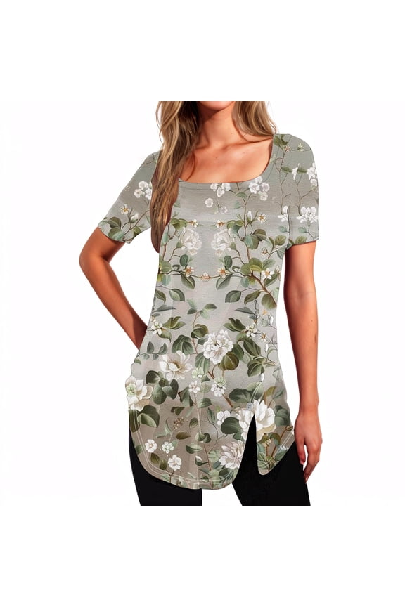 Boat Neck Off Shoulder Tops for Women Women's Short Sleeved Printed Neck Button Open Hem T-shirt Top Multicolor L