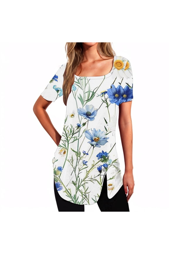 Boat Neck Off Shoulder Tops for Women Women's Short Sleeved Printed Neck Button Open Hem T-shirt Top Multicolor XXL