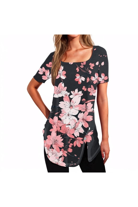 Boat Neck Off Shoulder Tops for Women Women's Short Sleeved Printed Neck Button Open Hem T-shirt Top Multicolor XXL