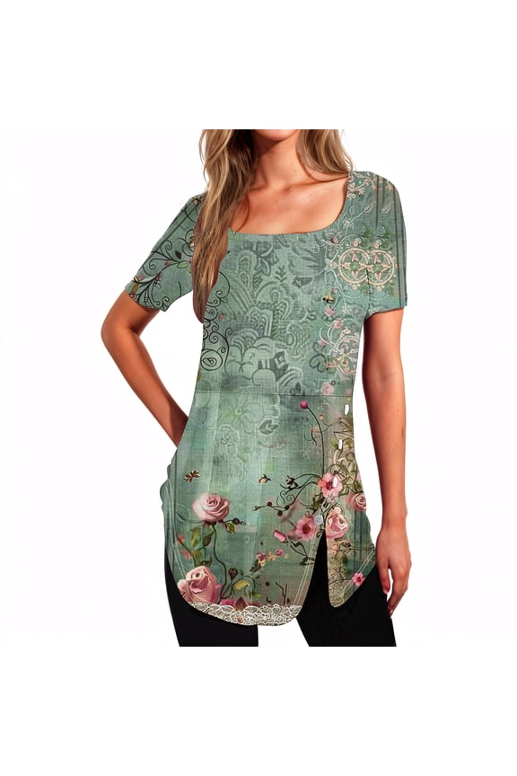 Boat Neck Off Shoulder Tops for Women Women's Short Sleeved Printed Neck Button Open Hem T-shirt Top Multicolor XXL