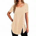 thumbnail image 1 of iHengLiXing Boat Neck Off Shoulder Tops for Women Women's Short Sleeved Solid Color Neck Button Open Hem T-shirt Top Beige M, 1 of 4