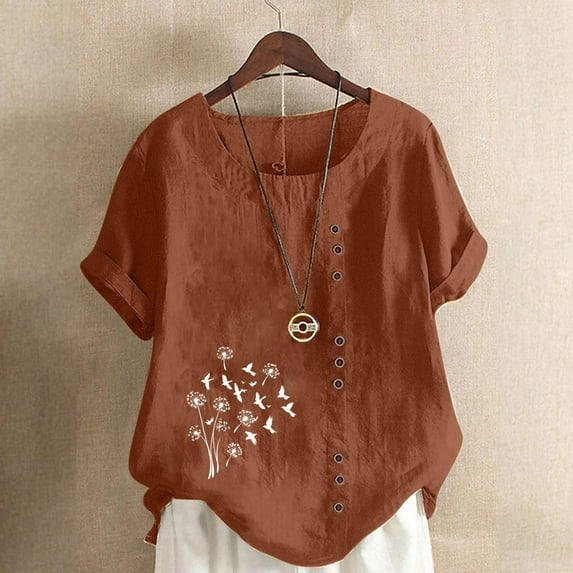 iHengLiXing 2025 Plus Size Spring Tops for Womens Dressy Casual Women Fashion Casual Linen Top Printed Short Sleeve Button T-shirt Blouse Top Brown XL