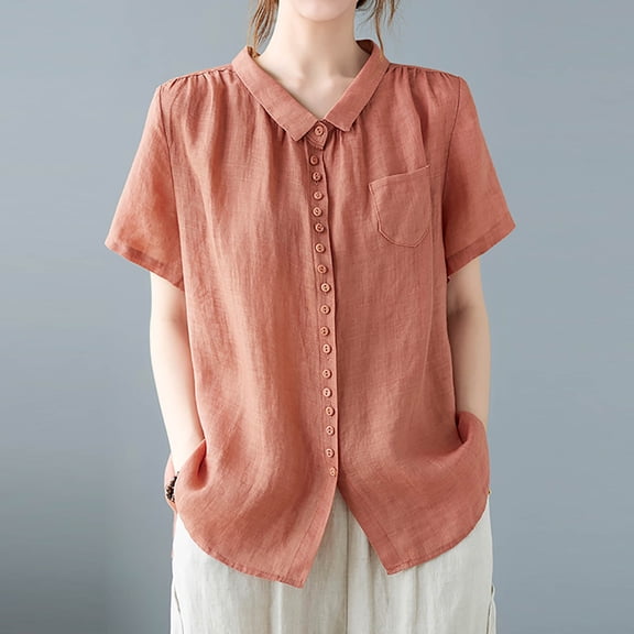 iHengLiXing 2025 Plus Size Spring Tops for Womens Dressy Casual Women's Casual Loose Solid Color Versatile Short Sleeved Cotton Linen Shirt Orange M