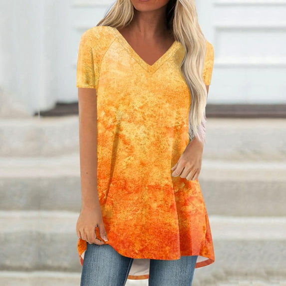 iHengLiXing 2025 Plus Size Spring Tops for Womens Dressy Casual Women's Fashion Gradient Printed Blouse V-neck Short Sleeve Loose T-shirt Tops Orange XL