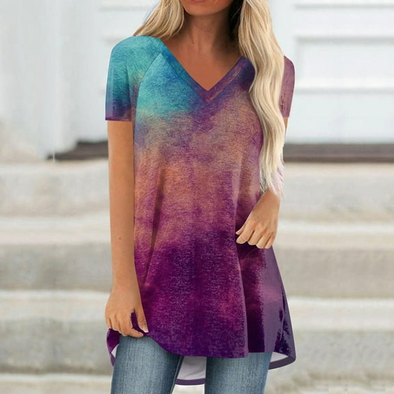 iHengLiXing 2025 Plus Size Spring Tops for Womens Dressy Casual Women's Fashion Gradient Printed Blouse V-neck Short Sleeve Loose T-shirt Tops Purple XXL
