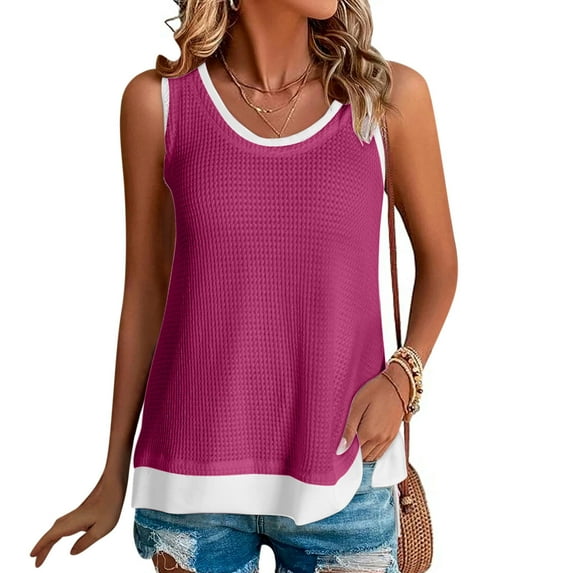 iHengLiXing 2025 Plus Size Tank Tops for Womens Dressy Casual Women's Summer Casual Patchwork Fake Two-piece Sleeveless Top T-shirt Round Neck Sleeveless Garment Pink L