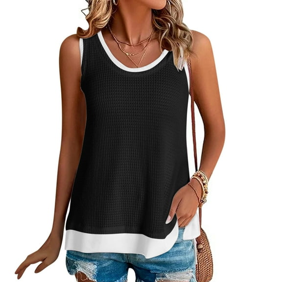iHengLiXing 2025 Plus Size Tank Tops for Womens Dressy Casual Women's Summer Casual Patchwork Fake Two-piece Sleeveless Top T-shirt Round Neck Sleeveless Garment Black S
