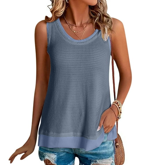 iHengLiXing Clearance 2025 Plus Size Tank Tops for Womens Dressy Casual Women's Summer Casual Patchwork Fake Two-piece Sleeveless Top T-shirt Round Neck Sleeveless Garment Blue M