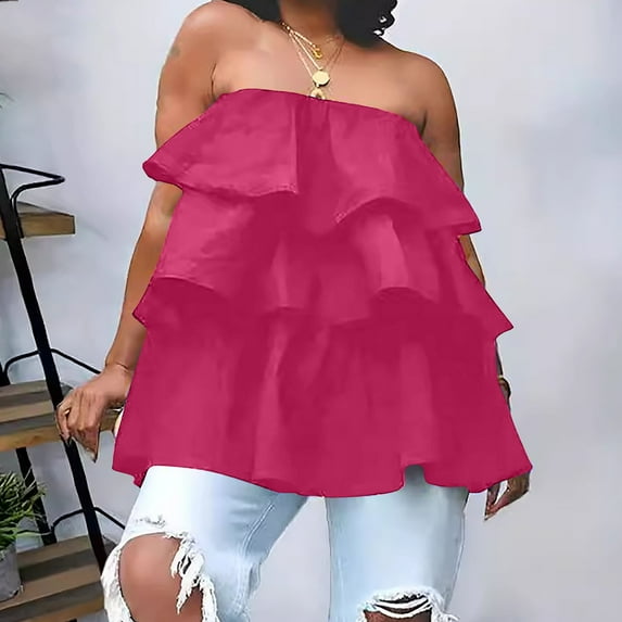iHengLiXing 2025 Plus Size Tank Tops for Womens Dressy Casual Women Casual Solid Color Multi-Layer Patchwork Wrap Chest Top Pink XXXL