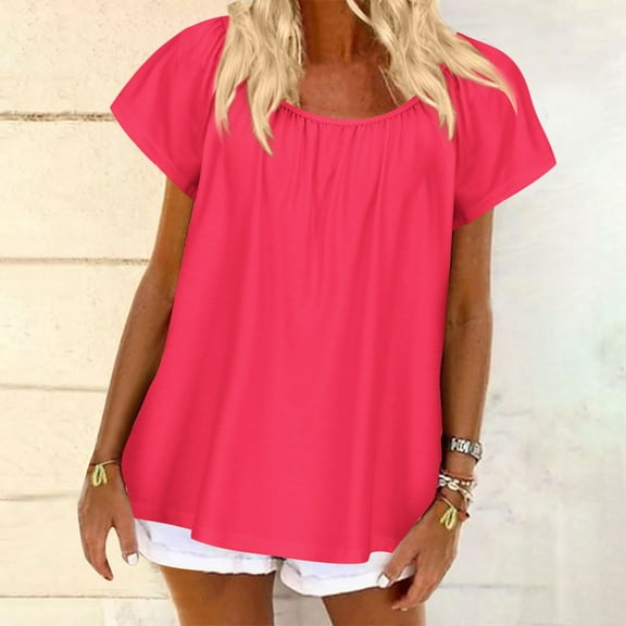 iHengLiXing Plus Size Spring Tops for Women 2025 Dressy Casual Fashion Women's Casual Solid Color Short-Sleeved Round Neck Blouse Shirts Pink S