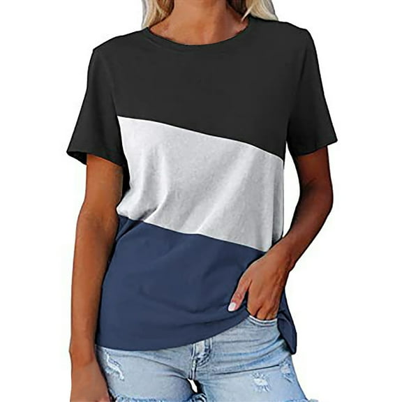 iHengLiXing Plus Size Spring Tops for Women 2025 Dressy Casual Fashion Women's Summer Round-Neck Short Sleeve Print Casual T-shirt Blouse Blue XXL