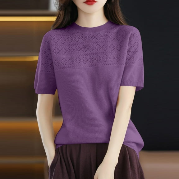 iHengLiXing Plus Size Spring Tops for Women 2025 Dressy Casual Woman Round Neck Short Sleeve Solid Color Capless Fashion Fallow Commuting Jacket Purple XXL