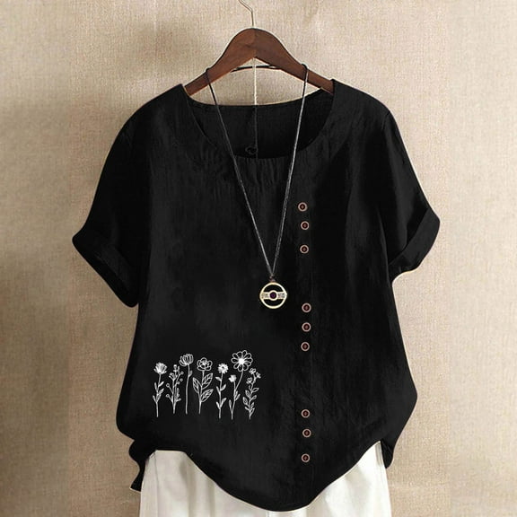 iHengLiXing Plus Size Spring Tops for Women 2025 Dressy Casual Women Fashion Casual Linen Top Printed Short Sleeve Button T-shirt Blouse Top Black M