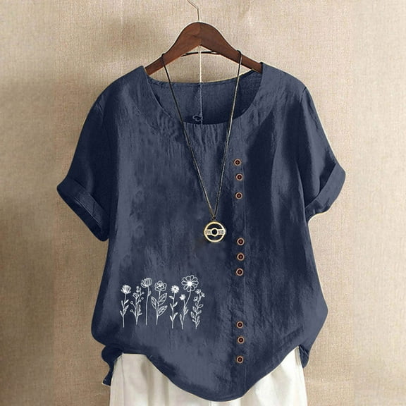iHengLiXing Plus Size Spring Tops for Women 2025 Dressy Casual Women Fashion Casual Linen Top Printed Short Sleeve Button T-shirt Blouse Top Blue XXXXL