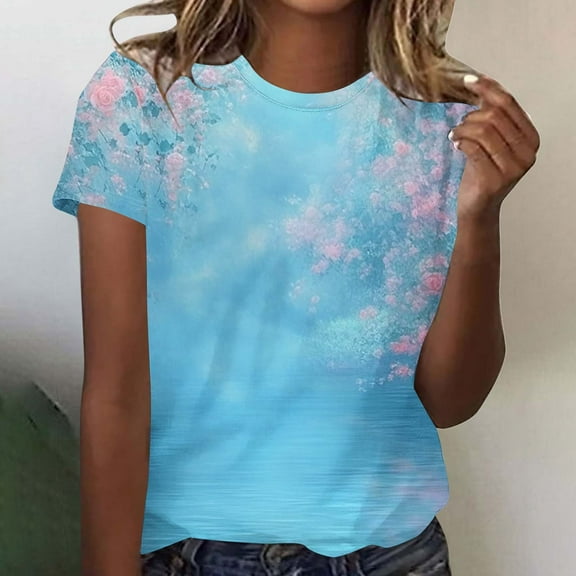 iHengLiXing Plus Size Spring Tops for Women 2025 Dressy Casual Women Fashionable Retro Printed Casual Printed Round Neck Short Sleeved Top Multicolor S