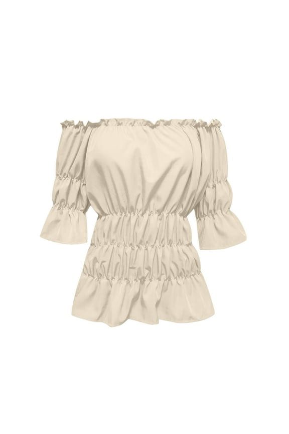 Plus Size Spring Tops for Women 2025 Dressy Casual Women Renaissance Blouse Steampunk Pirate Shirt Off Shoulder Short Sleeve Smocked Blouse Tops Beige S