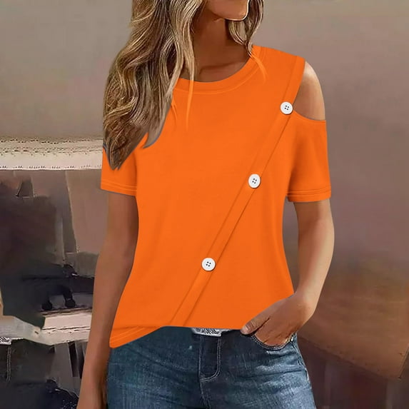 iHengLiXing Plus Size Spring Tops for Women 2025 Dressy Casual Women'S 2025 Summer Comfortable Solid Color Cold Shoulder Button Splicing Short-Sleeved Round Neck Top/Shirt Orange XL
