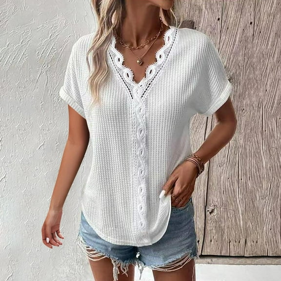iHengLiXing Plus Size Spring Tops for Women 2025 Dressy Casual Women Summer Casual T-shirt Solid Stitching Lace-Neck Short Sleeve Pullover Blouse White M