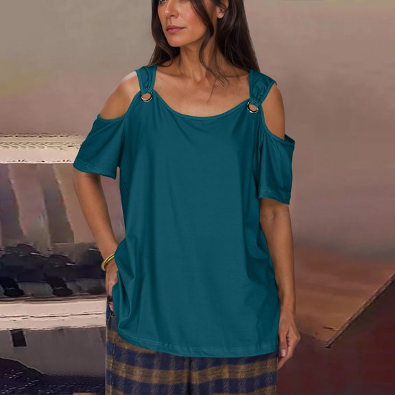 iHengLiXing Plus Size Spring Tops for Women 2025 Dressy Casual Women Summer Sexy T- Shirt Cold Shoulder Pullover Blouse-Neck Short Sleeve Solid Green M
