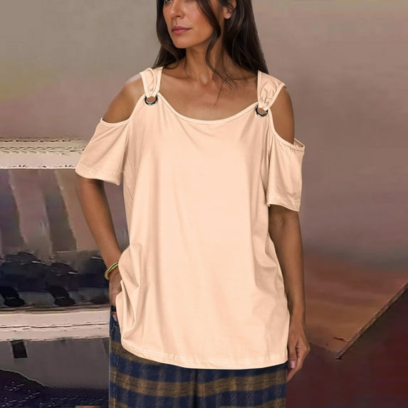 iHengLiXing Plus Size Spring Tops for Women 2025 Dressy Casual Women Summer Sexy T- Shirt Cold Shoulder Pullover Blouse-Neck Short Sleeve Solid Beige L