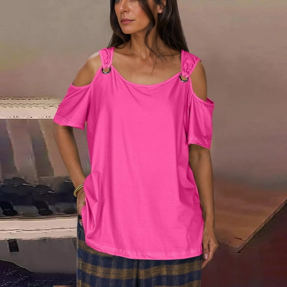 iHengLiXing Plus Size Spring Tops for Women 2025 Dressy Casual Women Summer Sexy T- Shirt Cold Shoulder Pullover Blouse-Neck Short Sleeve Solid Pink L