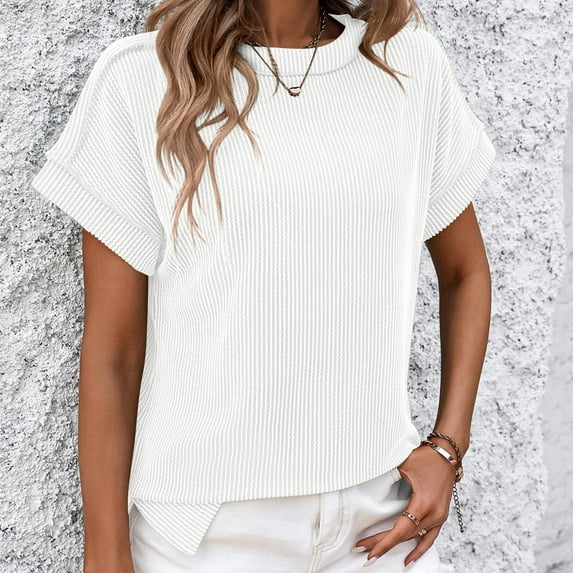 iHengLiXing Plus Size Spring Tops for Women 2025 Dressy Casual Women's Casual Fashion Solid Color Outer Seam Short Sleeve Round Neck Top White L