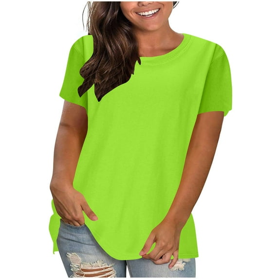 iHengLiXing Plus Size Spring Tops for Women 2025 Dressy Casual Women's New Solid Color Round Neck Short Sleeve Casual Loose Top T-shirt Green S