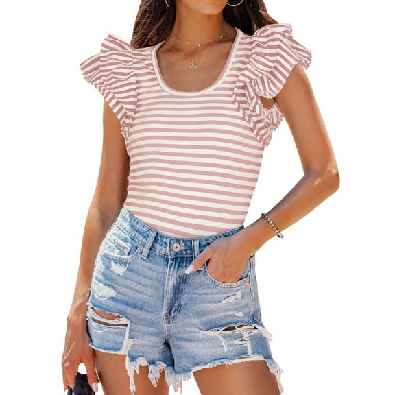iHengLiXing Plus Size Spring Tops for Womens Dressy Casual Fashion Women's Ruffled Stripe Casual Self Cultivation Short Sleeved Round Neck Top Pink S
