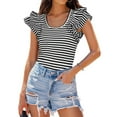 thumbnail image 1 of iHengLiXing Plus Size Spring Tops for Womens Dressy Casual Fashion Women's Ruffled Stripe Casual Self Cultivation Short Sleeved Round Neck Top Black L, 1 of 9